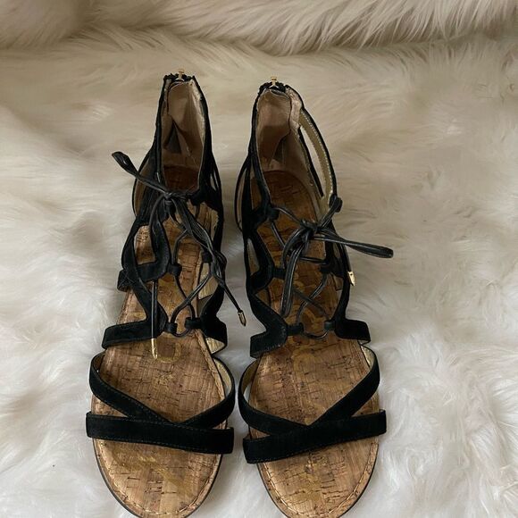 Sam Edelman leather suede lace up straps wedge sandals back zipper size 9.5 - Picture 3 of 9